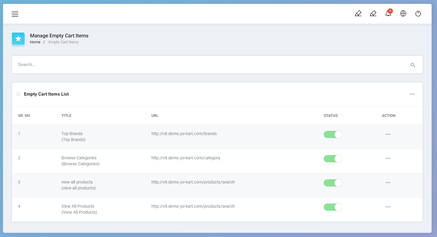 How can I manage, items list present on empty cart page on Yo!Kart